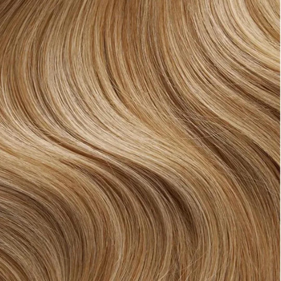 Sample Swatch - Strawberry Blonde #16 showing smooth, wavy hair strands in warm blonde tones with natural highlights