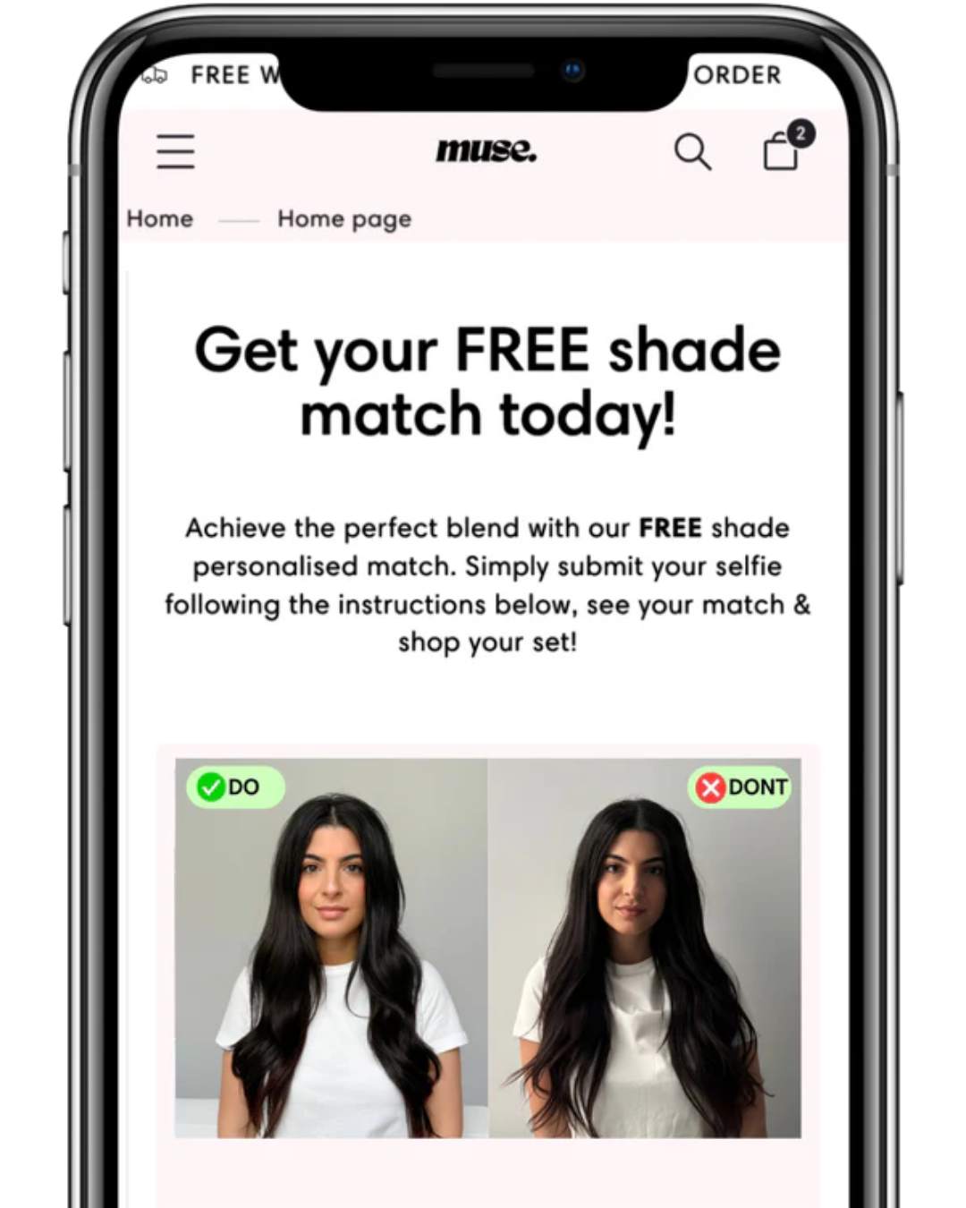 Smartphone screen showing a free personalized shade match offer with examples of correct and incorrect selfie photos.