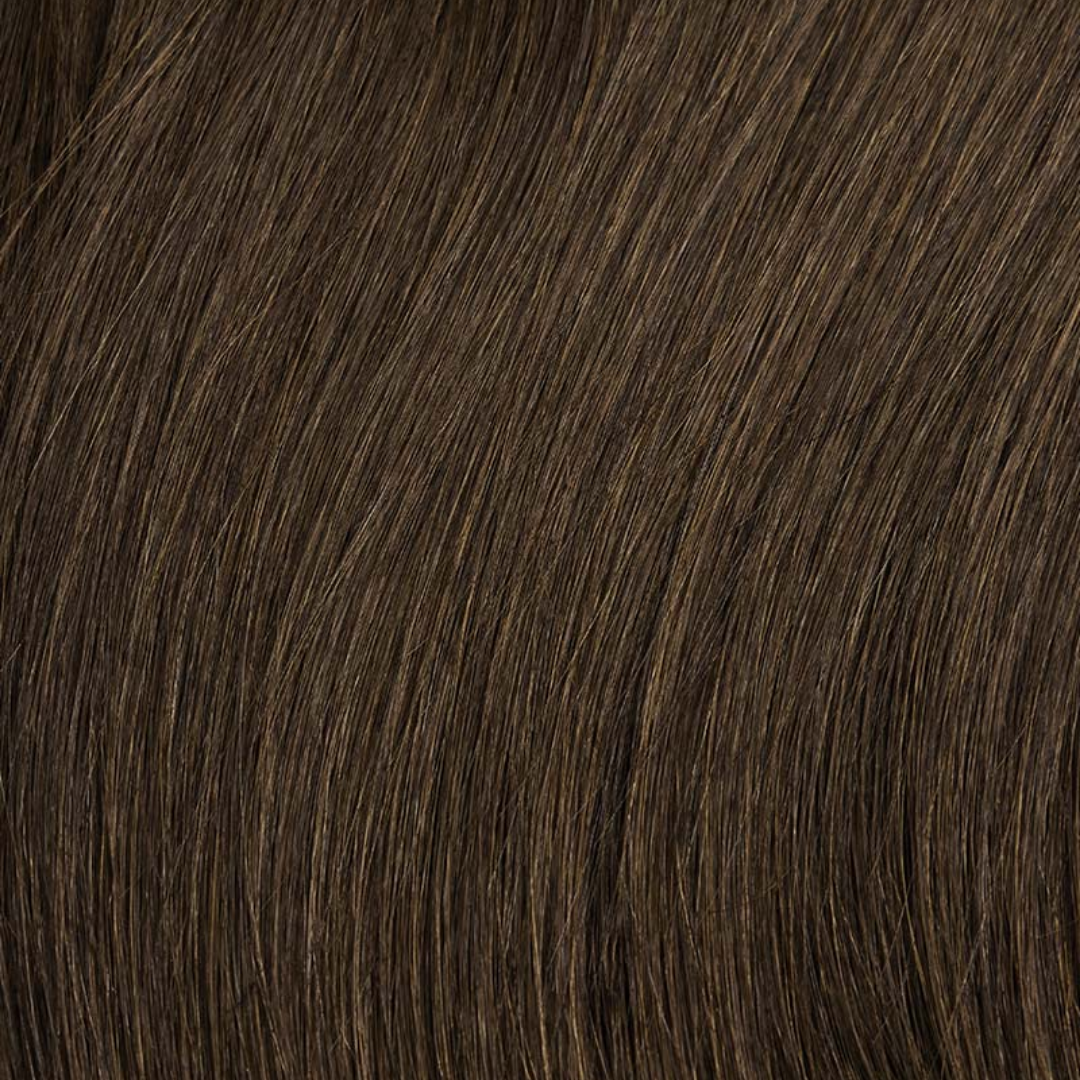Close-up of smooth natural brown hair texture in Extra Piece Milk Chocolate #3 hair extension shade.
