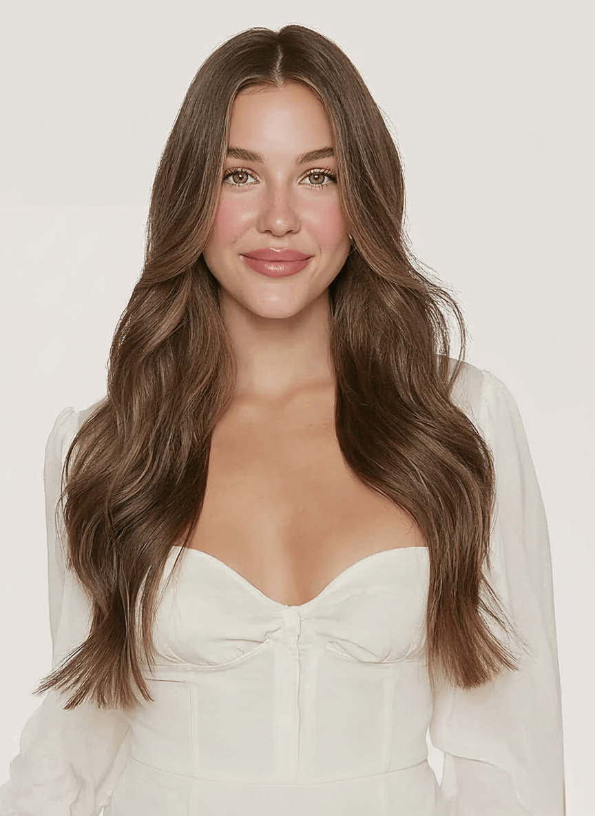 Young woman with long, wavy hair showcasing Medium Brown 