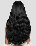 Long wavy black hair shown from back featuring Extra Hair Extension Piece - Jet Black 