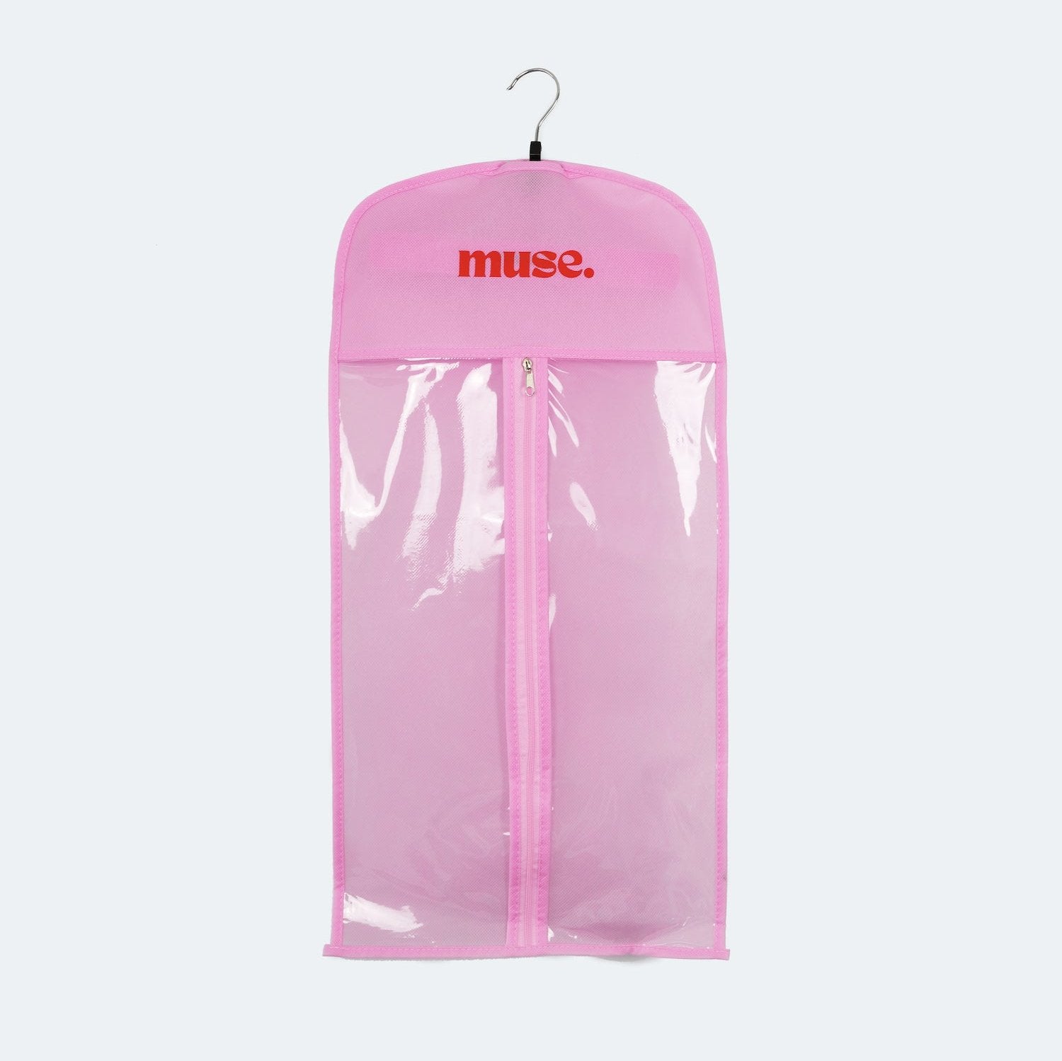 Pink hanging organizer with clear front and zipper, designed for storing and protecting hair extensions, Hair Extension Storage Bag & Hanger