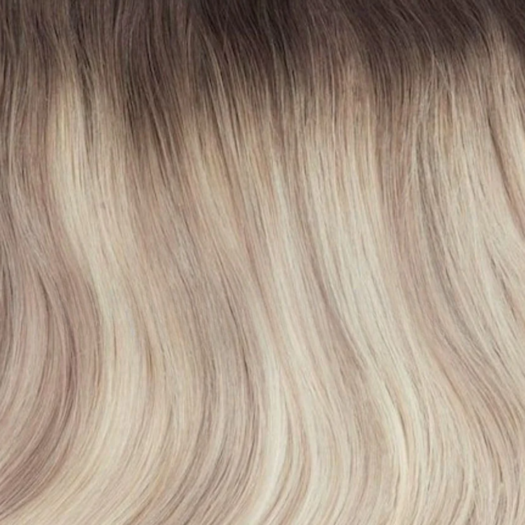 Close-up of smooth, multi-tonal hair strands in ash blonde shades with Sample Swatch - Bondi Root Stretch 
