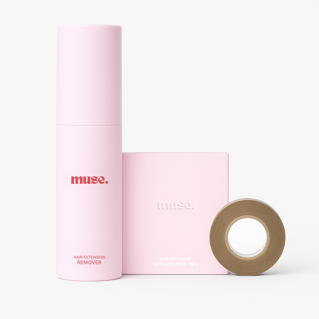 Pink bottle of hair extension remover, replacement tape package, and tape roll for DIY Re-application Pack - Bundle & Save