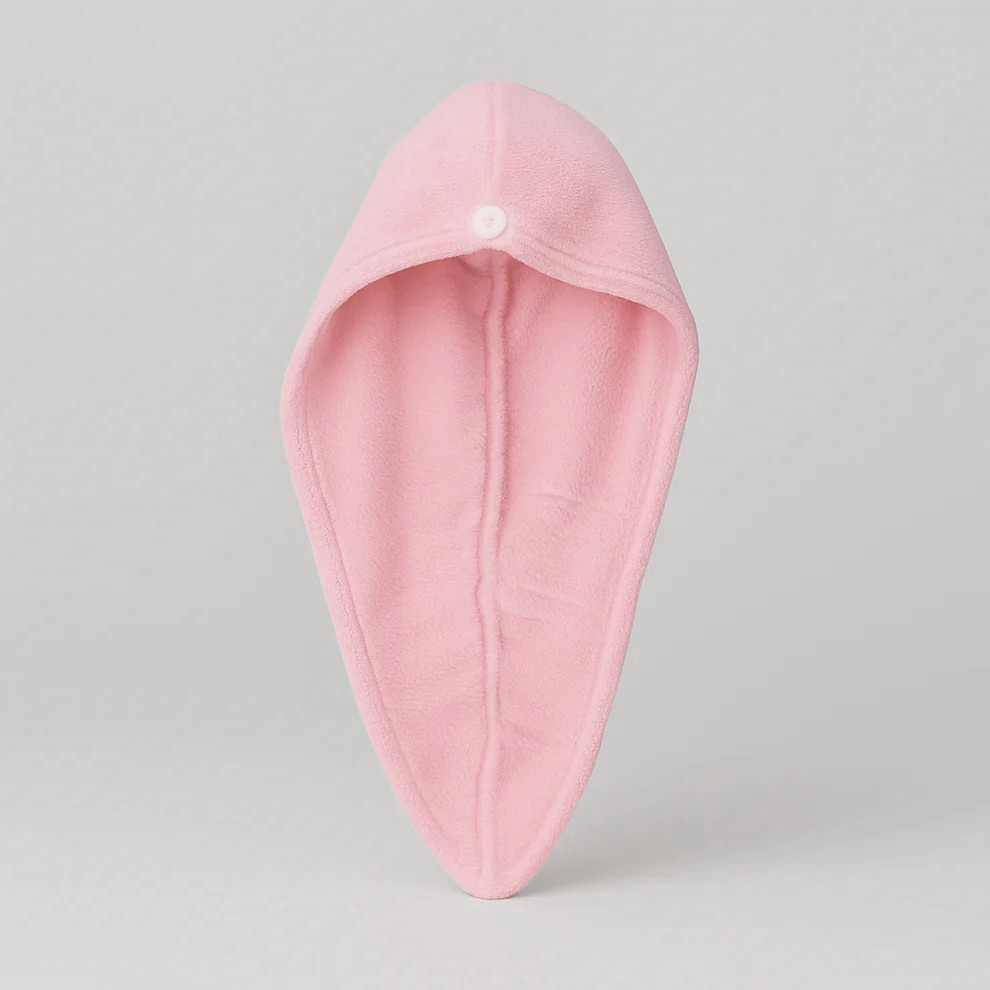 Muse Microfibre Hair Towel Turban in soft pink microfiber fabric with button closure for secure hair drying.