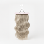 Hair Extension Hanger with wavy blonde hair extension, lightweight and designed for easy storage and maintenance