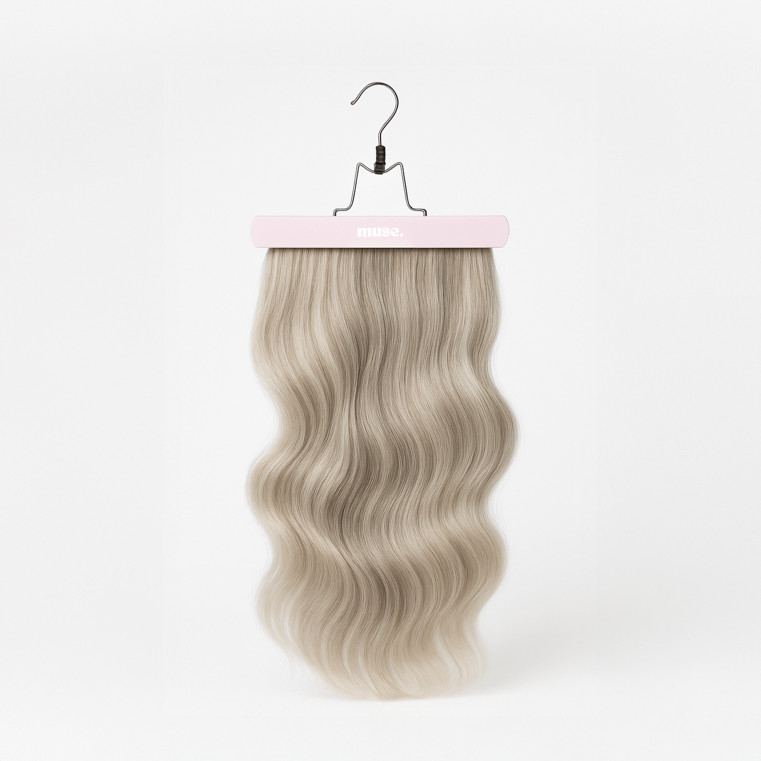 Hair Extension Hanger with wavy blonde hair extension, lightweight and designed for easy storage and maintenance