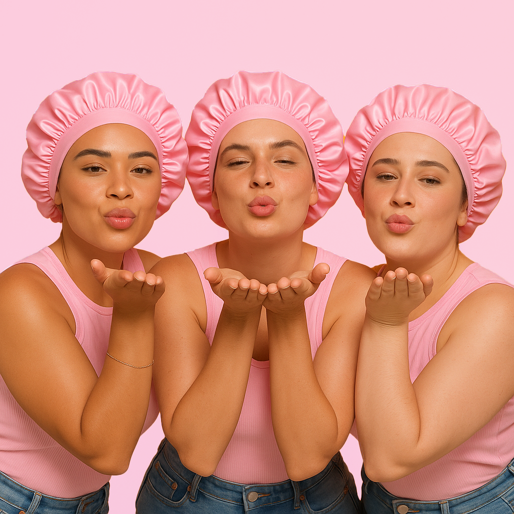 Three women wearing Muse Satin Sleep Bonnet - Pink, blowing kisses, against a soft pink background