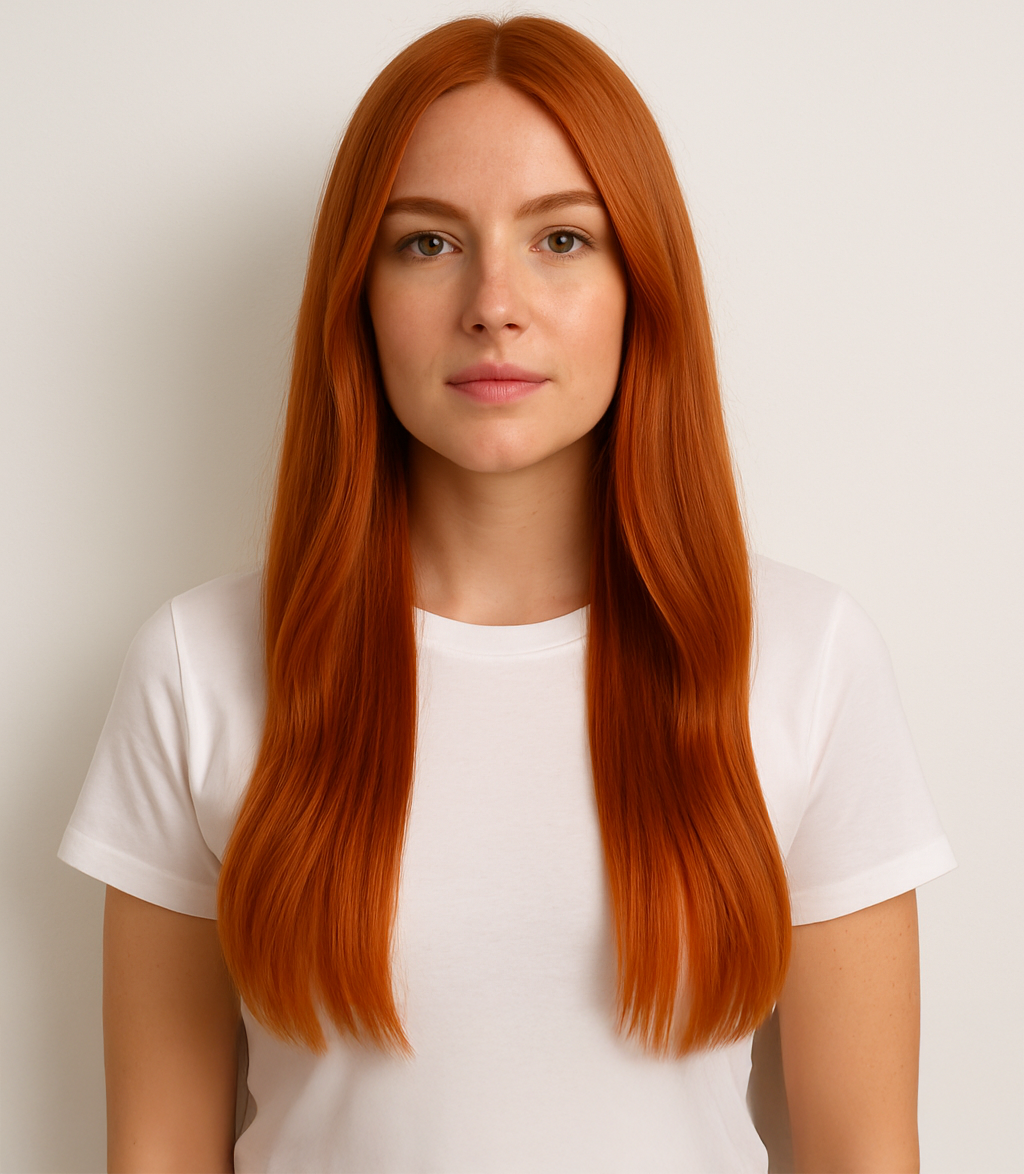 Woman wearing Pumpkin Spice #330 - tape in hair extensions showing natural blend