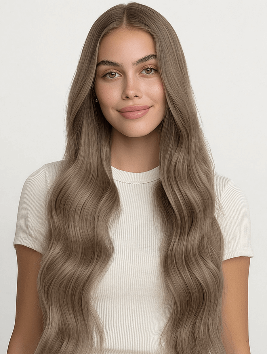 Woman with long, wavy taupe hair wearing a white top showcasing Taupe 