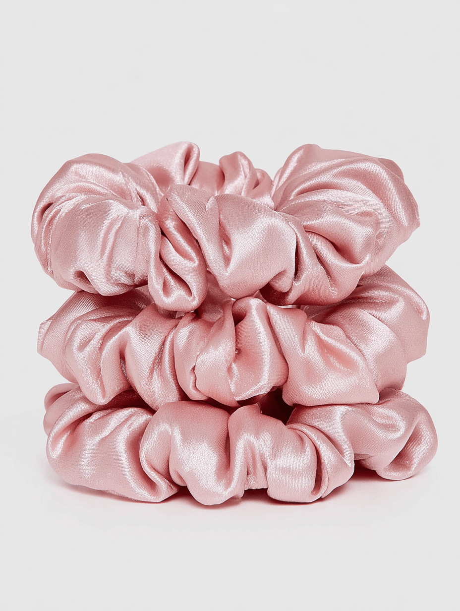 Satin Scrunchie Set featuring soft, smooth light pink satin fabric scrunchies stacked neatly for gentle hair styling.