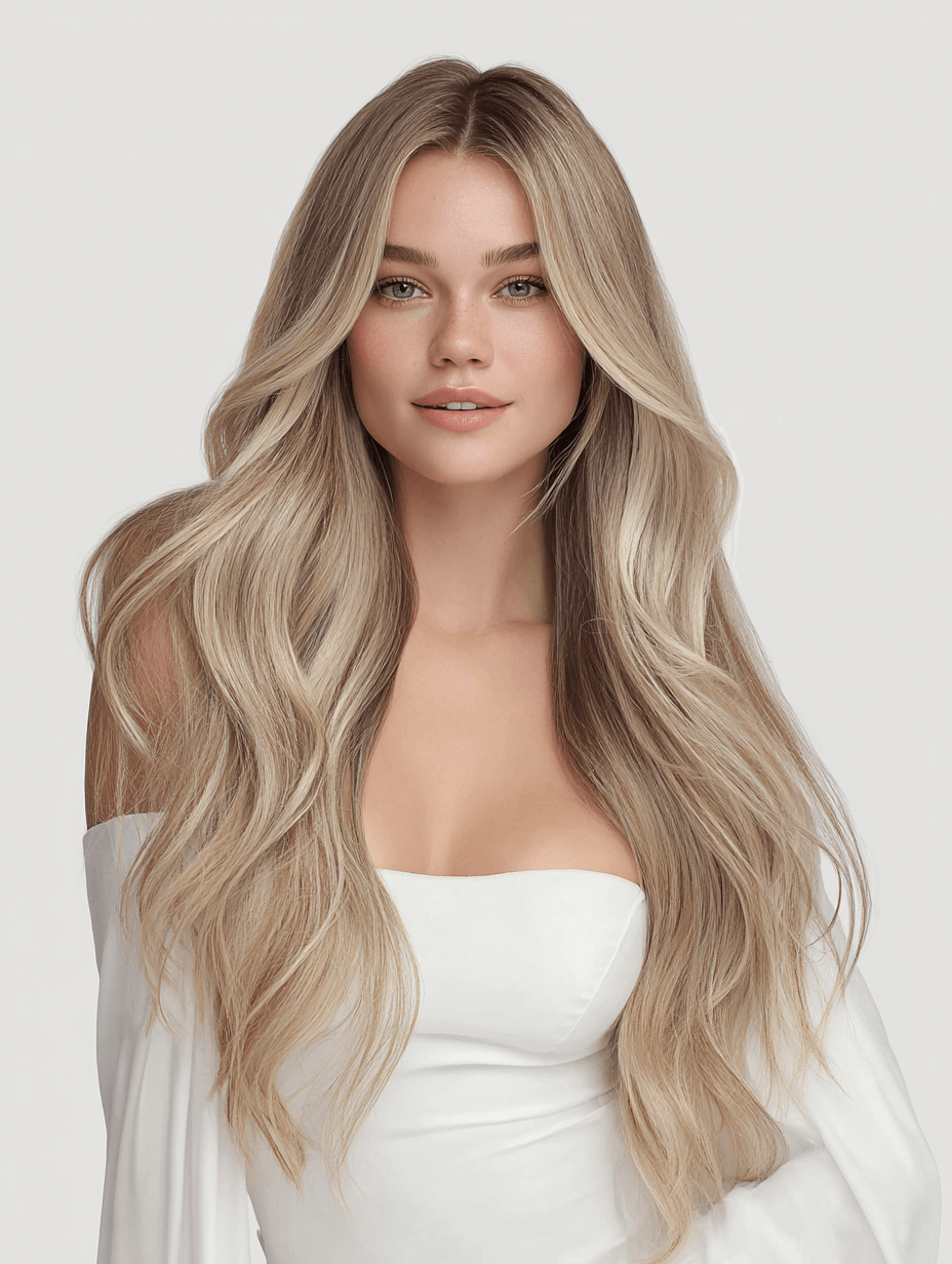 Model with long, flowing hair showcasing Creamy Vanilla 8A/613 - Muse DIY Tape-In Extensions (100% Remy Human Hair)