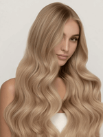 Woman with long, wavy hair showcasing Medium Ash Blonde 24A - Muse DIY Tape-In Extensions (100% Remy Human Hair)